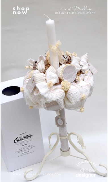 Lumanare de botez cu dantela crem si flori natur uscate Lacy Bloom 2